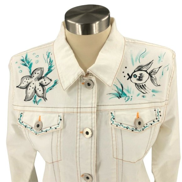 Clash Jeans Womens Jacket Large White Stretch Denim Long Sleeve Flap Pockets EUC - Picture 2 of 12